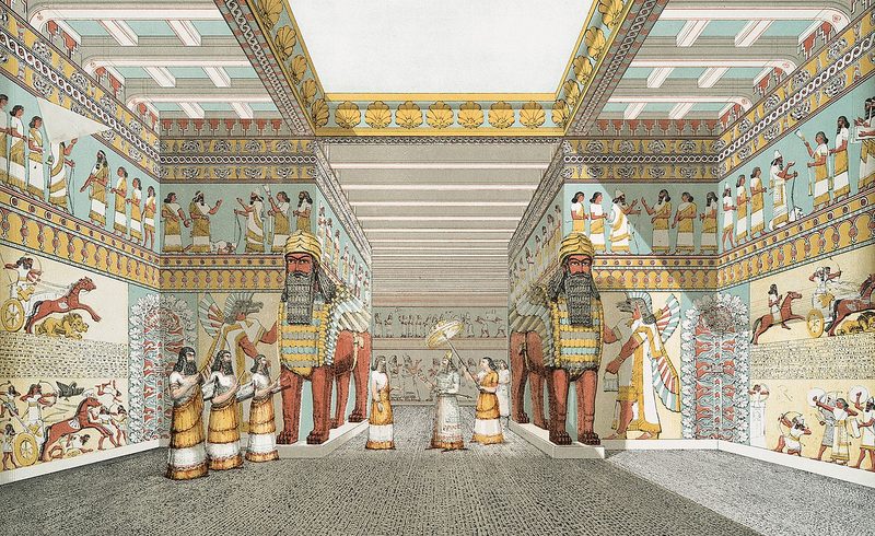 Artist's impression of a hall in an Assyrian palace from The Monuments of Nineveh by Sir Austen Henry Layard, 1853.