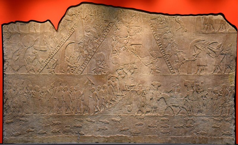 Wall panel depicting Assyrian soldiers storming a Kushite fortress in Egypt. Niniveh, Iraq.