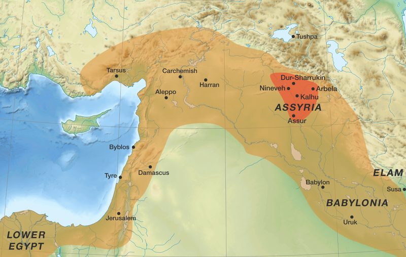 The ancient Assyrian heartland (red) and the later Neo-Assyrian Empire in the 7th century BCE (orange).