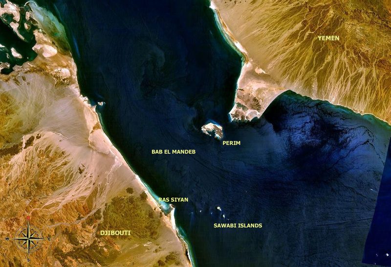 Detail of the Red Sea crossing, in particular the Bab-el-Mandeb strait (satellite image).