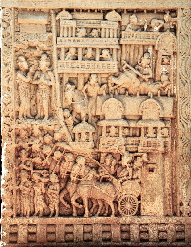 Relief showing Bimbisara with his royal cortege issuing from the city of Rajagriha to visit the Buddha, Sanchi, East Face, South Pillar, East Gateway.