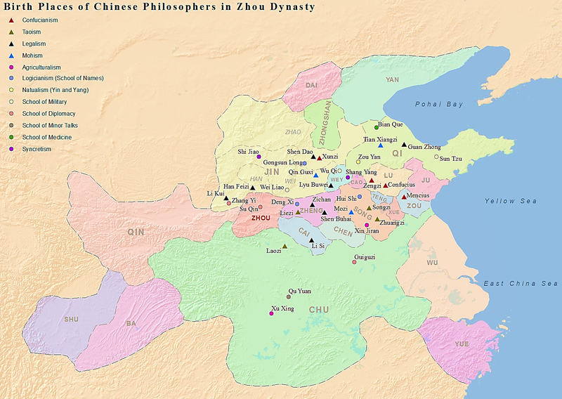 The birthplaces of notable Chinese philosophers from the Hundred Schools of Thought in the Zhou dynasty. Philosophers of Daoism are marked by triangles in dark green.