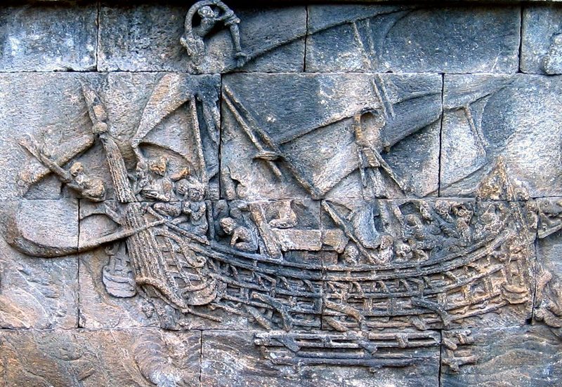 One of the Borobudur ships from the 8th century, they were depictions of large Javanese outrigger vessels. Shown with the characteristic tanja sail of Southeast Asian Austronesians.
