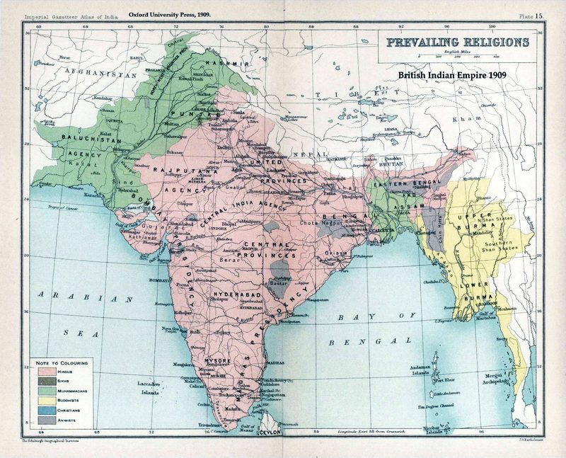 Map of the prevailing religions of the British Indian empire based on district-wise majorities based on the Indian census of 1909.