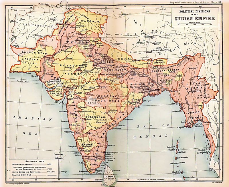 The British Indian Empire in 1909. British India is shown in pink; the princely states in yellow.