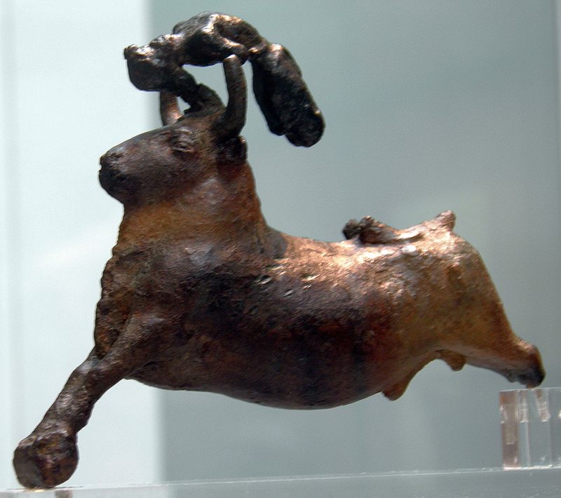 Bronze sculpture showing an acrobat leaping over a bull's head, Crete, Minoan, about 1700-1450 BCE.