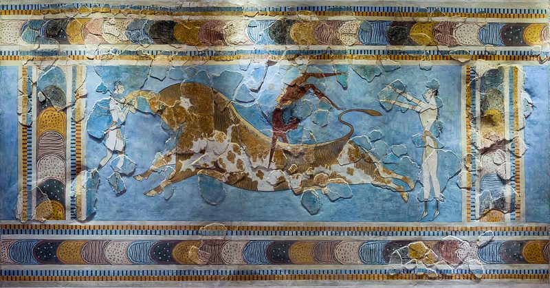 Bull-Leaping Fresco. Fresco found in Knossos palace, Crete, Greece, dated 1600 - 1450 BCE.