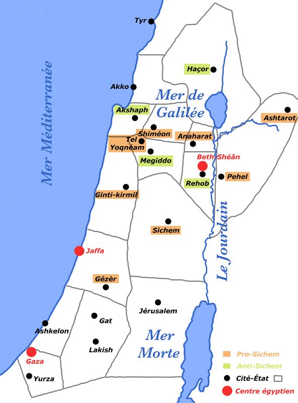 Map of Canaan and relevant cities during the Late Bronze Age.