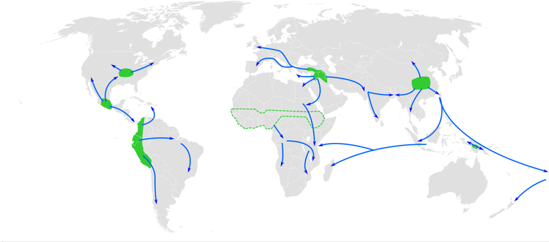 Map of the world showing approximate centres of origin of agriculture and its spread in prehistory.