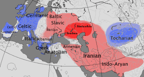 Approximate extent of the centum (blue) and satem (red) areals.