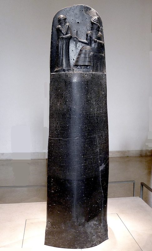 Code of Hammurabi on the stele, with a relief of Hammurabi receiving the laws from Shamash (or Marduk; see detail of the relief above).