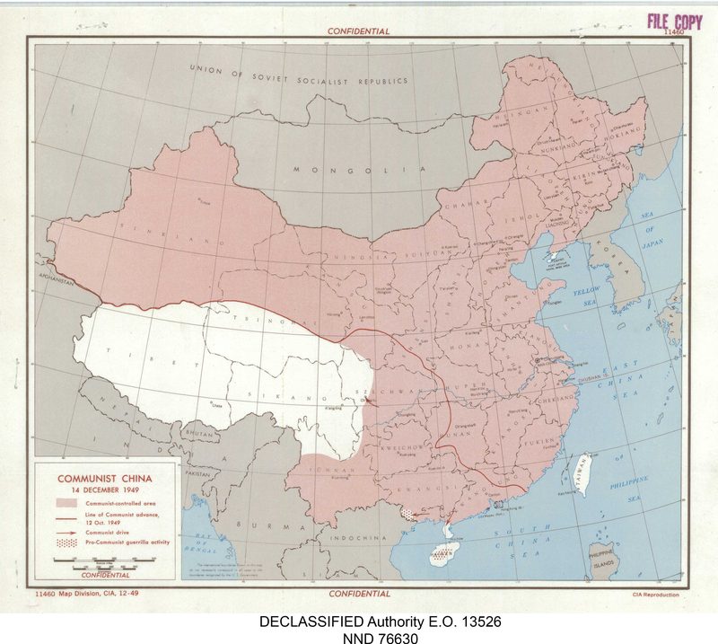 As of December 1949, the Chinese Communists had controlled the entire mainland China except Hainan and de facto country Tibet.