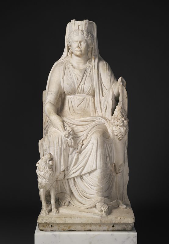 Cybele enthroned, with lion, cornucopia, and mural crown. Roman marble, c. 50 CE.