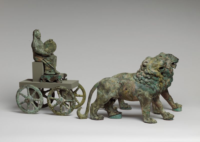 Bronze fountain statuette of Cybele on a cart drawn by lions 2nd century CE.