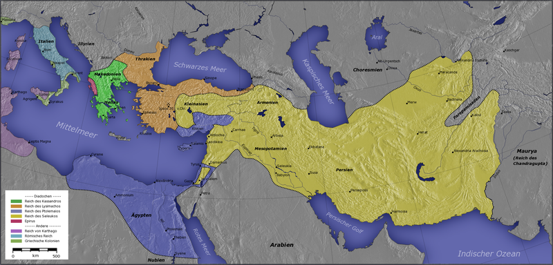 Hellenistic world around 300 BCE. After the conquests of Alexander the Great, Greek culture spread throughout the Mediterranean and Near East.