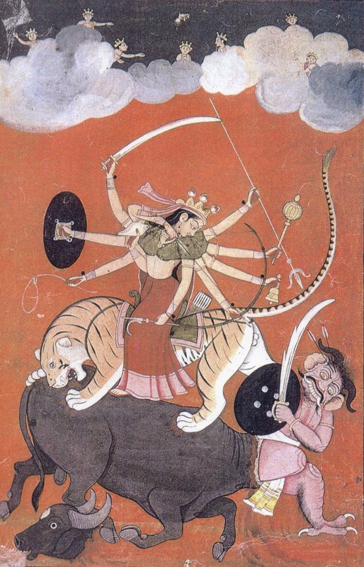 Goddess Durga, fighting Mahishasura, the buffalo-demon (from a Hindu mythology).