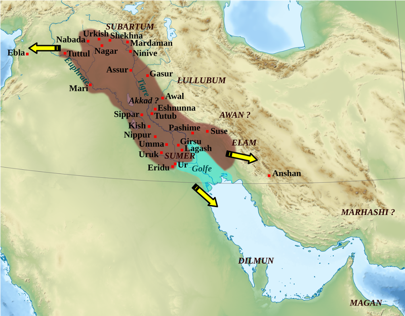 Map of the Akkadian Empire (brown; \~2350–2100 BCE) and the directions in which military campaigns were conducted (yellow arrows).