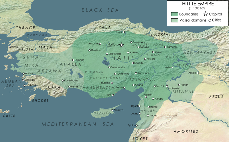 Map of the Hittite Empire at its greatest extent, with Hittite rule c. 1300 BCE