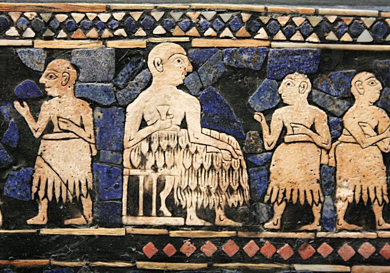 Enthroned Sumerian king of Ur, possibly Ur-Pabilsag, with attendants. Standard of Ur, c. 2600 BCE.