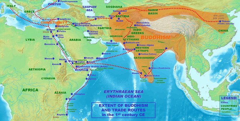 Extent of Buddhism and trade routes (red dashed lines) in the 1st century CE.