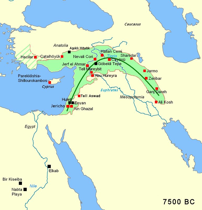 Map of Southwest Asia showing the main archaeological sites of the Pre-Pottery Neolithic period, c. 7500 BCE, in the 'Fertile Crescent'.