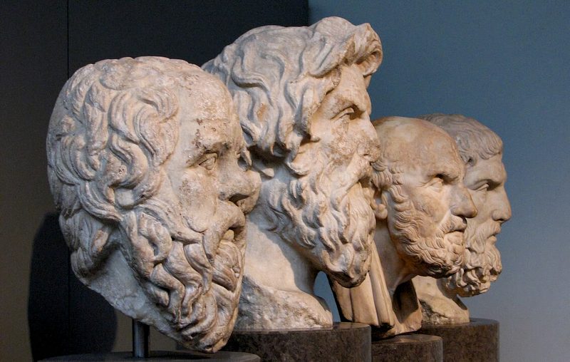 Marble heads of four Greek philosophers: Socrates, Antisthenes, Chrysippos, Epicurus.