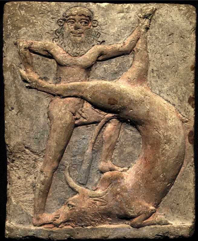 Ancient Mesopotamian terracotta relief showing Gilgamesh slaying the Bull of Heaven, which Anu gives to his daughter Ishtar in Tablet IV of the Epic of Gilgamesh after Gilgamesh spurns her amorous advances.