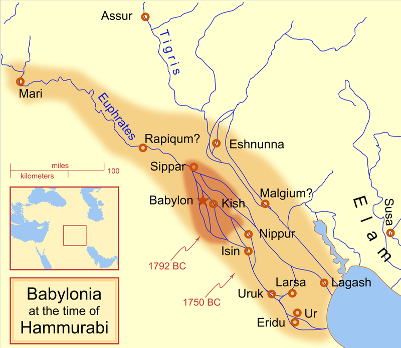 The extent of the Babylonian Empire at the start and end of Hammurabi's reign, in what today is modern day Iraq and Iran.