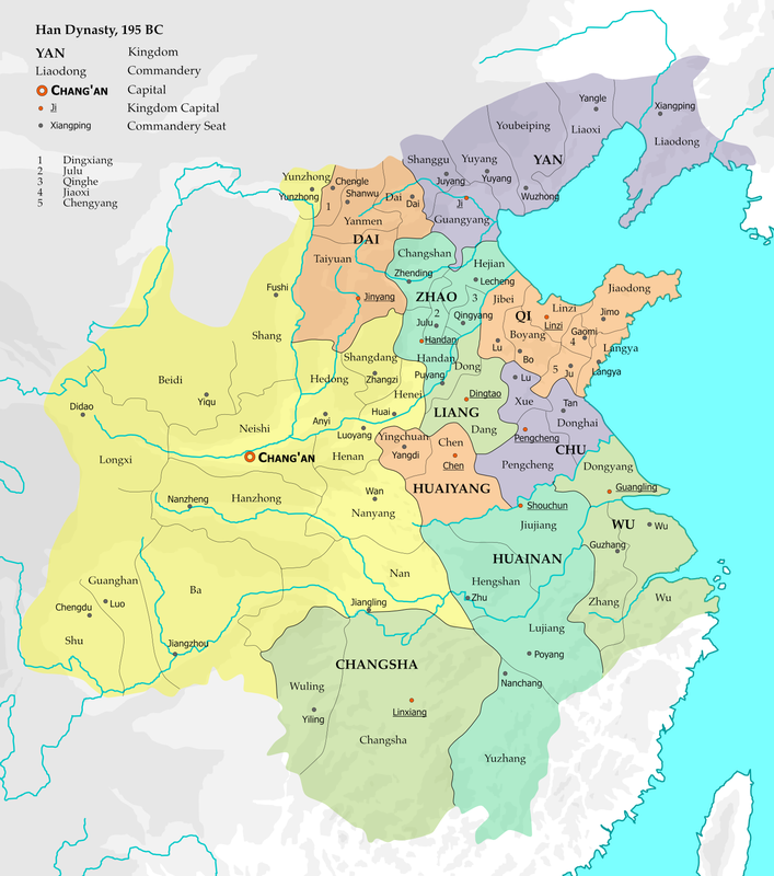Map of the Han Dynasty 195 BCE: Thirteen direct-controlled commanderies including the capital region (yellow) and ten semi-autonomous kingdoms.