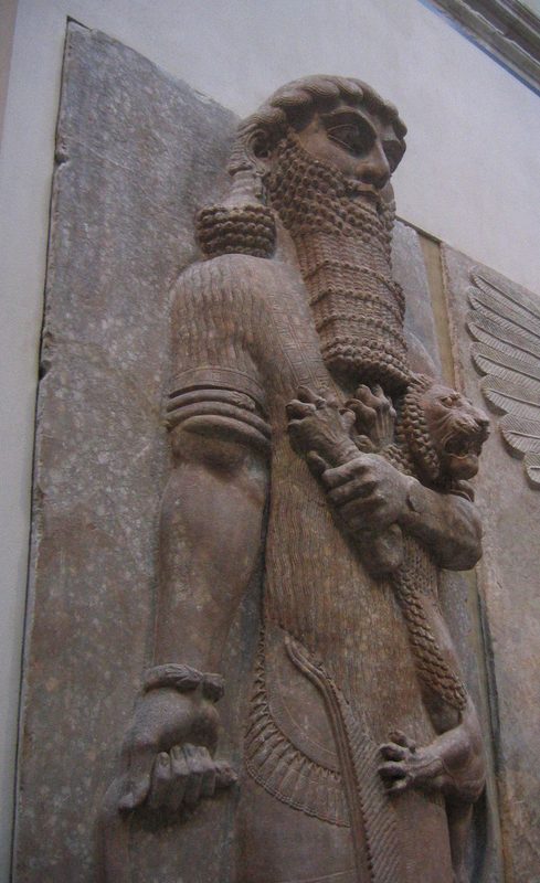 Hero mastering a lion, 8th century BCE, palace of the Assyrian king Sargon II in Dur-Sharrukin, current Khorsabad in Iraq at the Louvre Museum.
