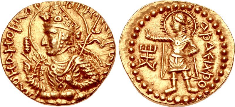 Coinage of Kushan ruler Huvishka, with 'Asha Vahishta' (ΑϷΑΕΙΧϷΟ, Ashaiexsho) on the reverse.