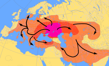 Map of Indo-European migration from around 4000 to 1000 BC (Kurgan hypothesis).