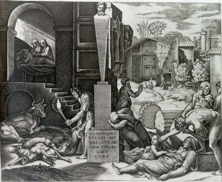 The plague in Phrygia, copperplate engraving by Marcantonio Raimondi, 1515/1516.