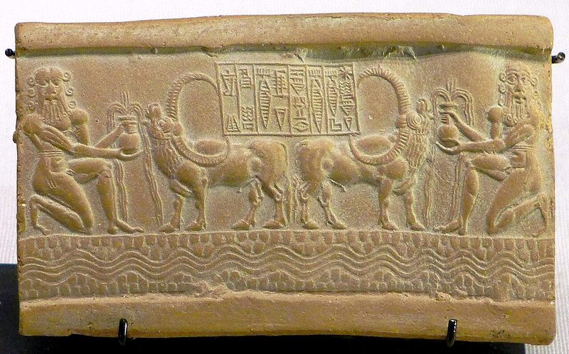 Impression of a cylinder seal of the time of Akkadian King Sharkalisharri (c.2200 BC). Depiction of Ea with long-horned water buffalo. Circa 2217–2193 BCE.