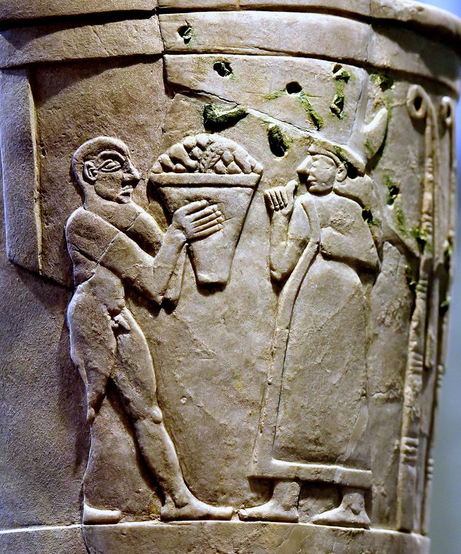 Inanna receiving offerings on the Uruk Vase, circa 3200–3000 BCE.