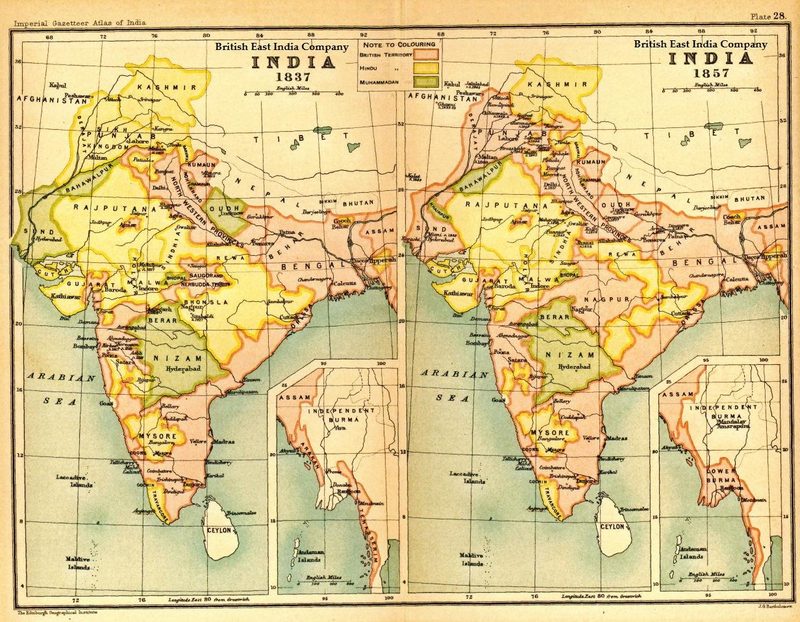 India in 1837 and 1857 showing East India Company (pink) and other territories.
