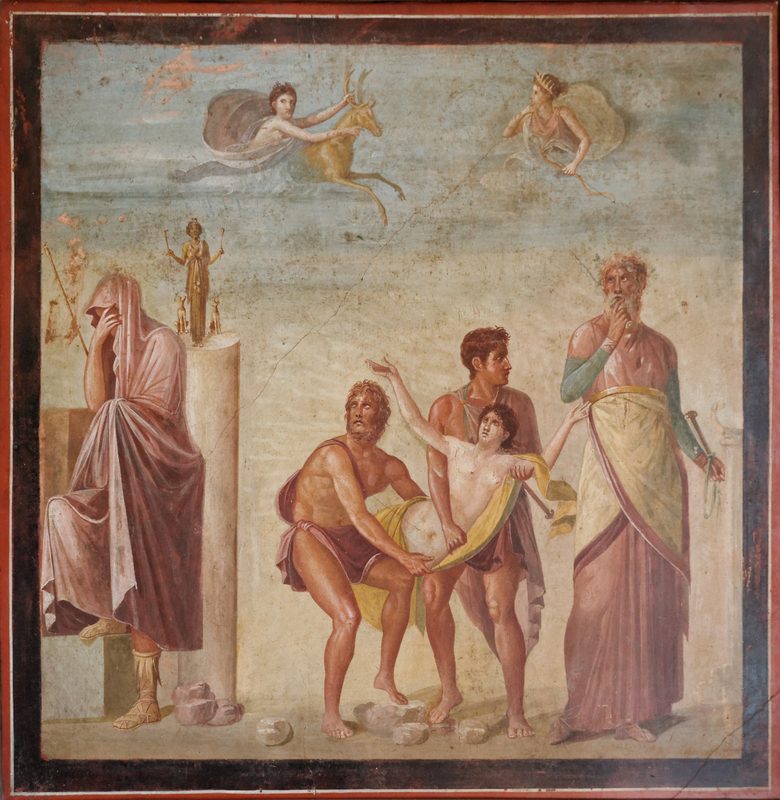 Roman fresco from Pompeii from the 1st century CE showing the mythical human sacrifice of Iphigenia, daughter of Agamemnon. The Roman poet Lucretius, a follower of Epicurus, cited this myth as an example of the evils of popular religion, in contrast to the wholesome theology advocated by Epicurus.