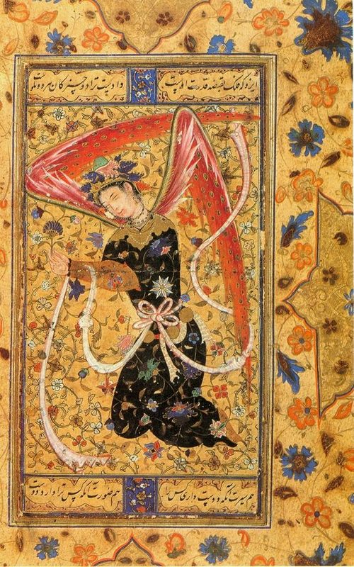 Islamic depiction of an angel in a Persian miniature, 1555.