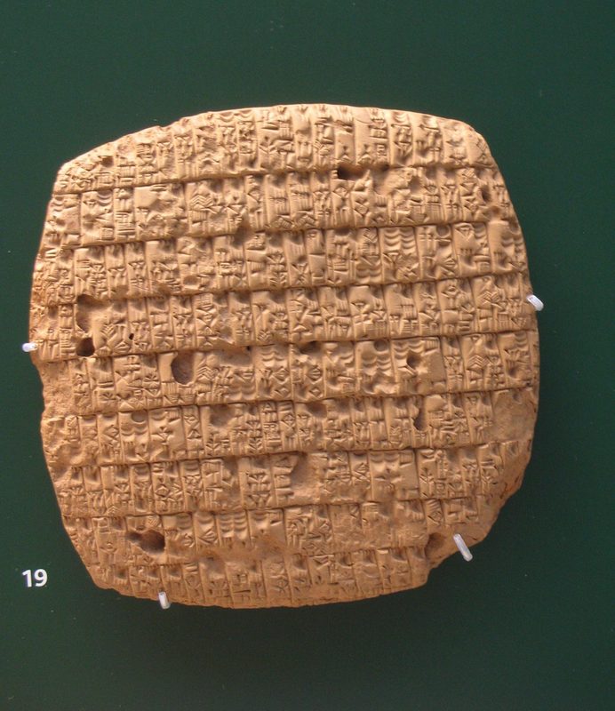 An account of barley rations issued monthly to adults and children written in cuneiform script on a clay tablet, written in year 4 of King Urukagina, c. 2350 BCE.