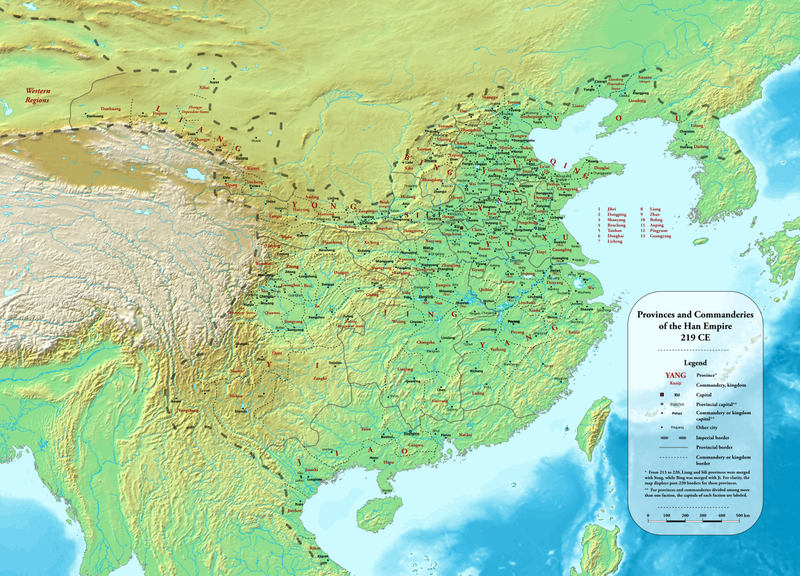 Provinces and commanderies in 219 CE, the penultimate year of the Han dynasty.