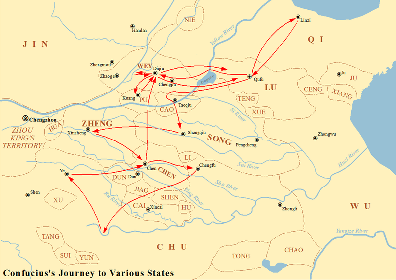 Map showing the journey of Confucius to various states between 497 BCE and 484 BCE.