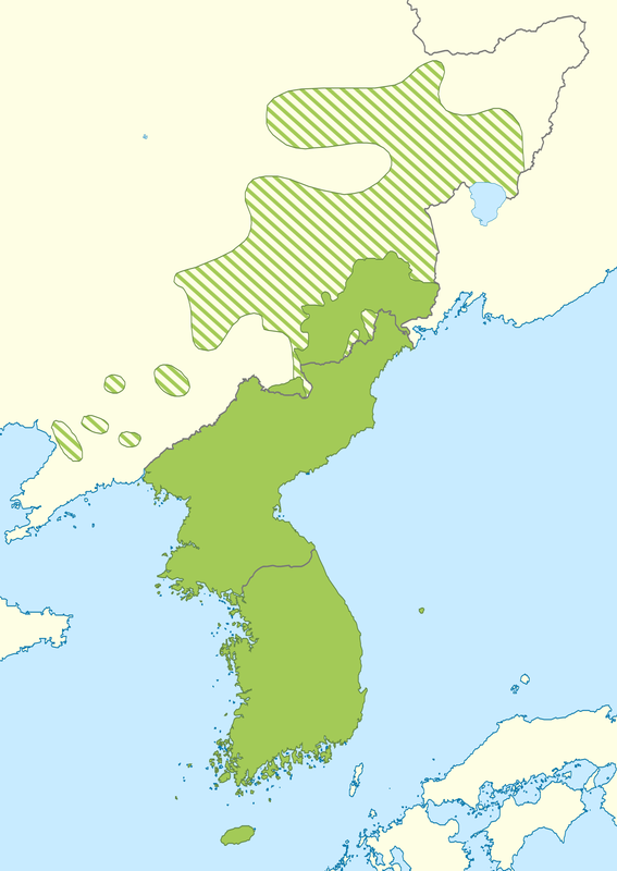 Current extent of Koreanic as majority and minority (dashed) languages in East Asia.