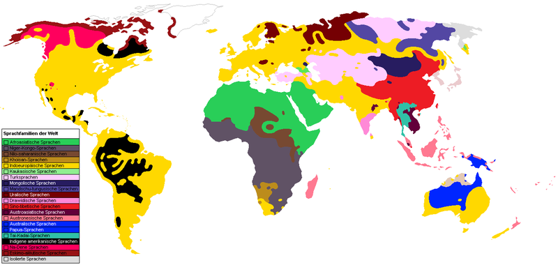 Language families of the world, Indo-European in yellow. Source.