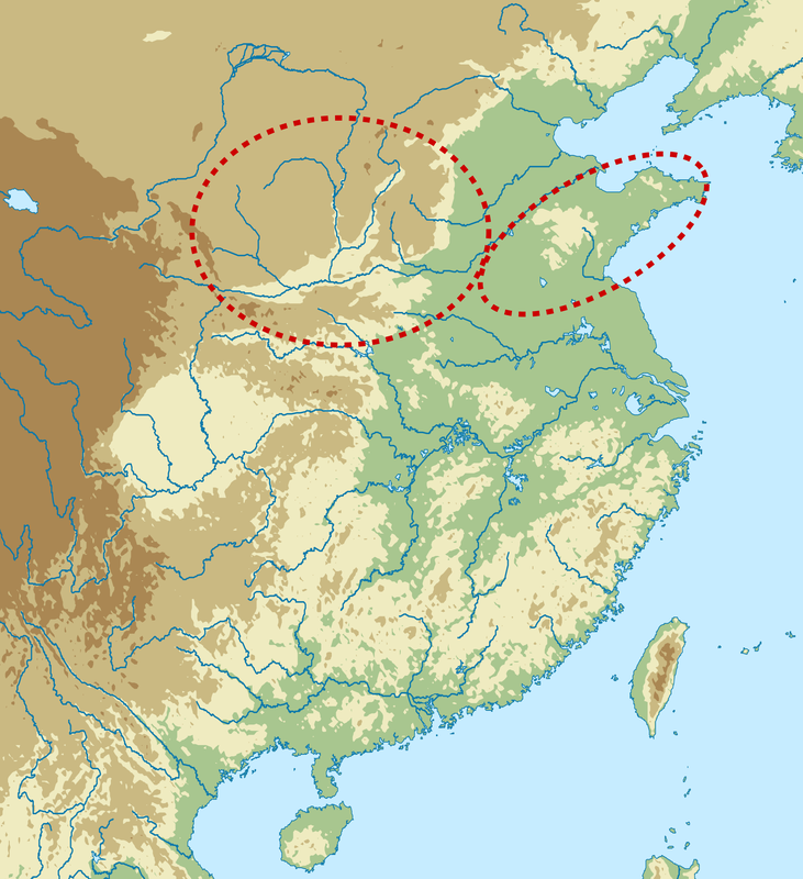 Area of the Longshan culture (3000–2000 BC) in northern China (within the red dashed lines).