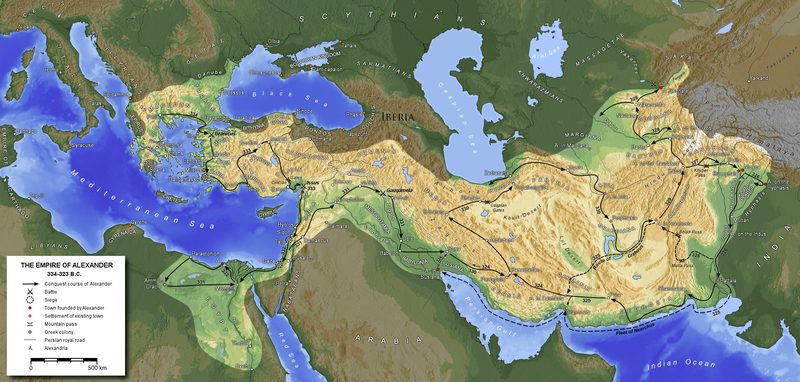 Map of Alexander the Great's empire and his routes of conquest.