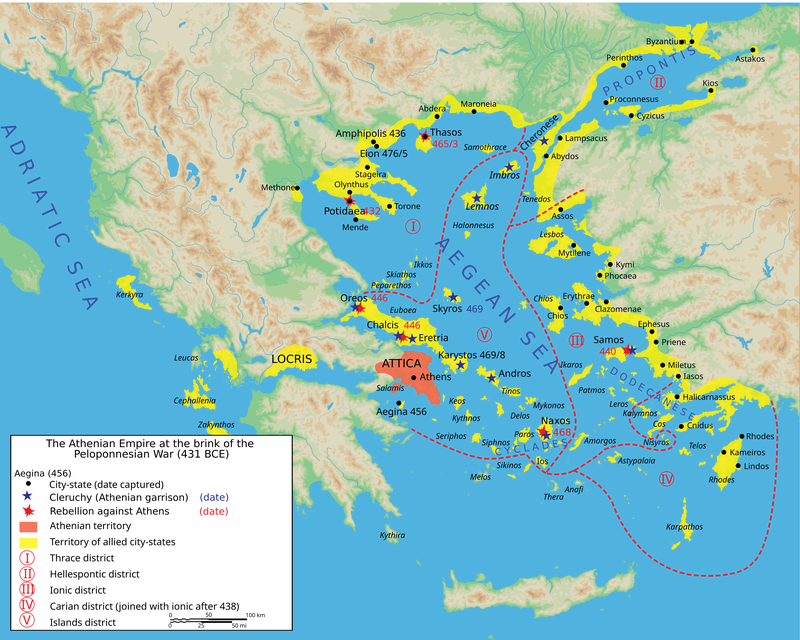 Delian League, under the leadership of Athens before the Peloponnesian War in 431 BC. Attica is shown in red.