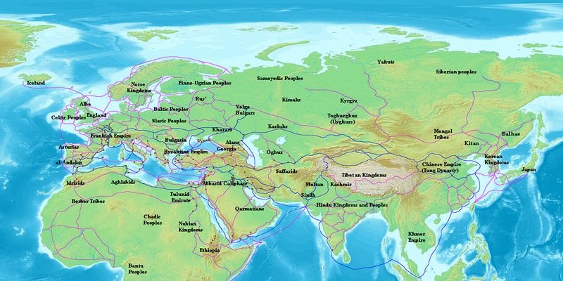 Map of Eurasia and Africa showing trade networks, c. 870 CE.
