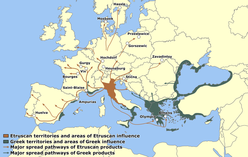 Etruscan territories and major spread pathways of Etruscan products.