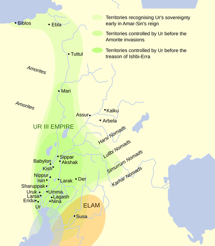 Empire of the Third Dynasty of Ur (in green), with territory, zone of influence, and colonial outposts, at their greatest. West is at top, North at right.