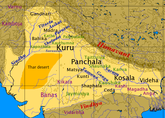 Map shows the regions of 'Vedic India' during the Iron Age in the Indus-Ganges-Brahmaputra plain, the presumed distribution areas of the individual shakha (schools) are marked in green.